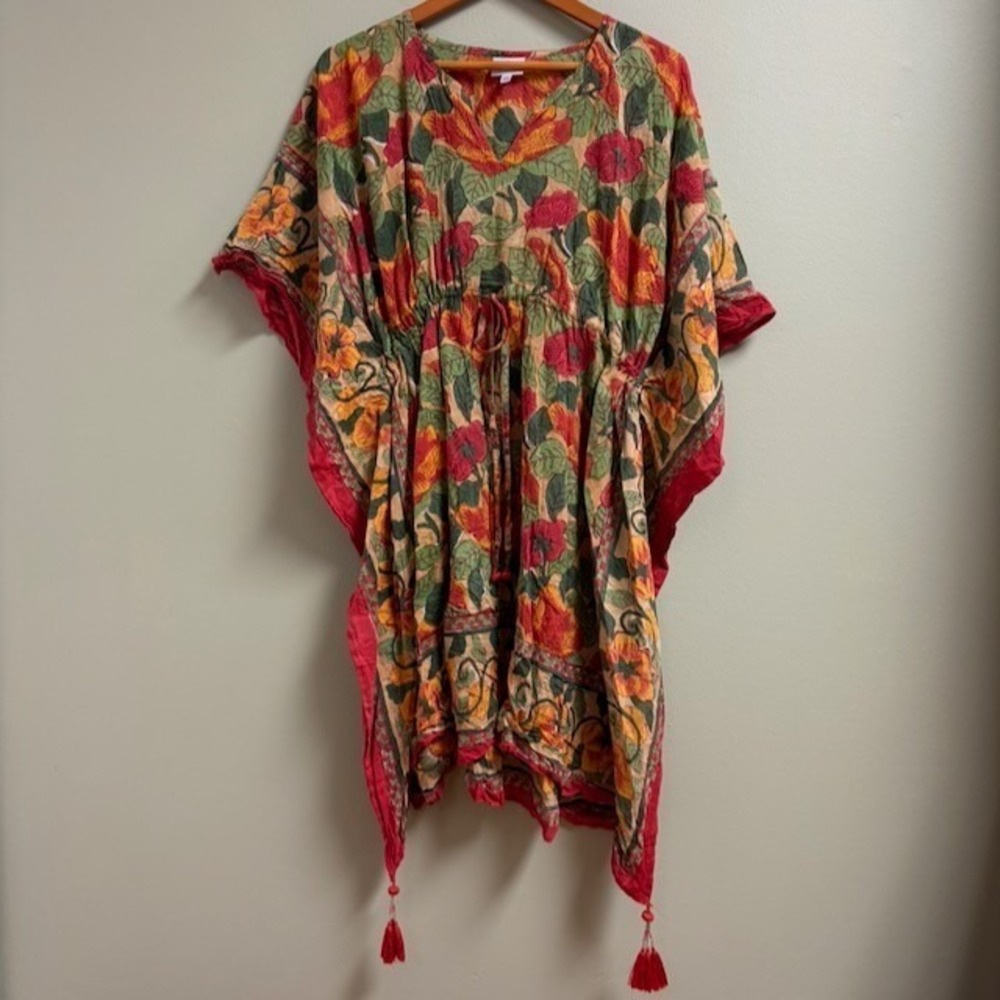 Pax Philomena Caftan Dress One Size Cotton Floral Block Print Boho Tassel